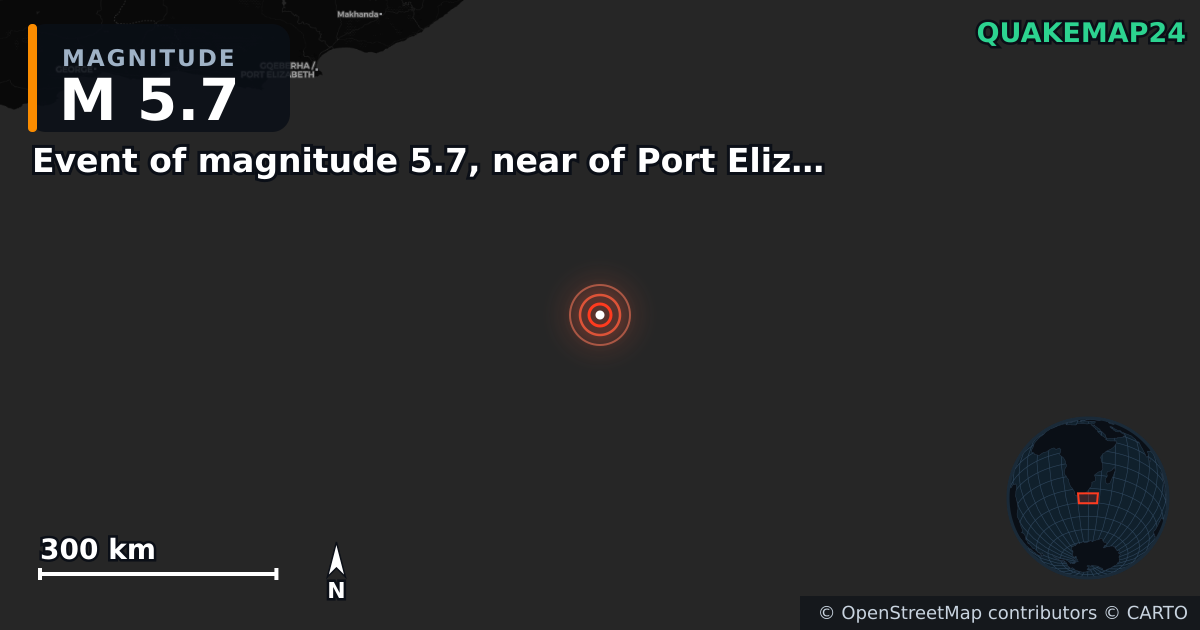 Erdbeben M5,7 bei Event of magnitude 5.7, near of Port Elizabeth (Monde) — Karte der Lage des Epizentrums