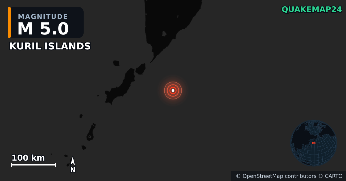 M5.0 earthquake near KURIL ISLANDS on Jul 30, 2025 — map of epicenter and shaking intensity | QuakeMap24