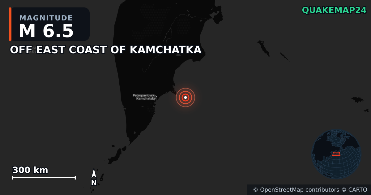 M6.5 earthquake near OFF EAST COAST OF KAMCHATKA on Jul 20, 2025 — map of epicenter and shaking intensity | QuakeMap24
