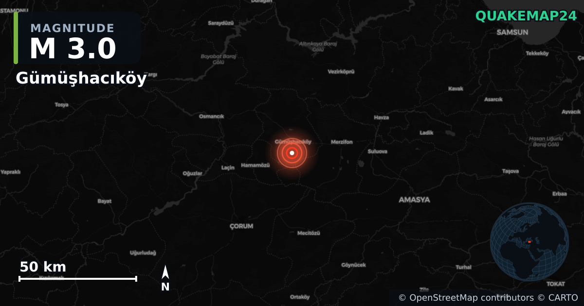 M3.0 earthquake near Gümüşhacıköy on May 22, 2025 — map of epicenter and shaking intensity | QuakeMap24