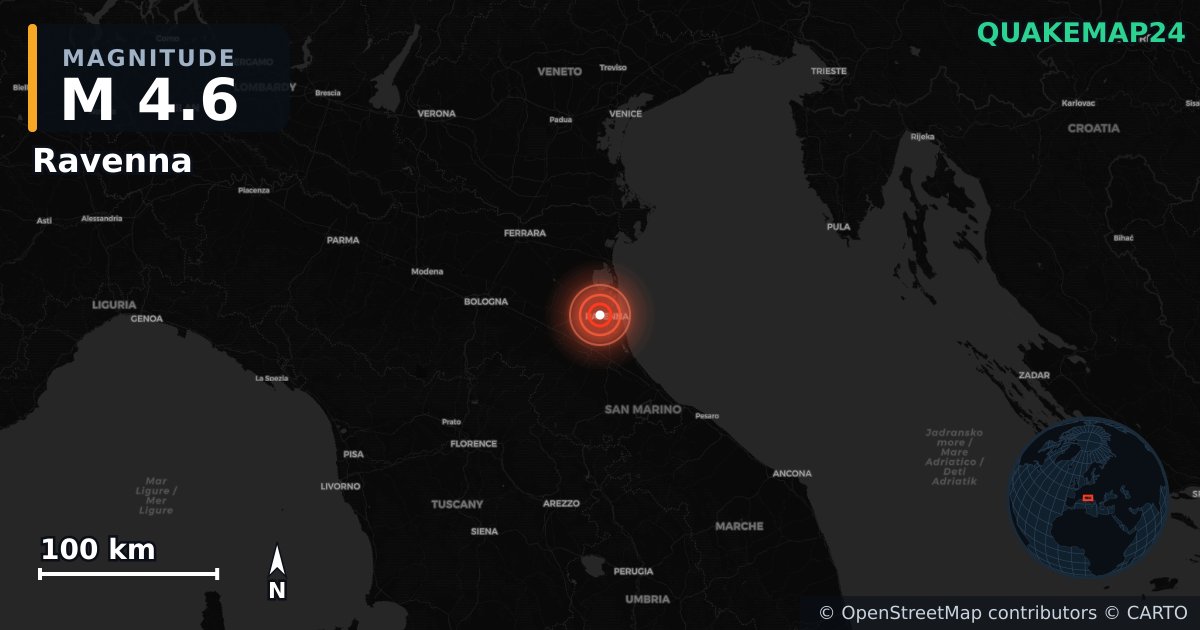 M4.6 earthquake near Ravenna on Jan 13, 2026 — map of epicenter and shaking intensity | QuakeMap24