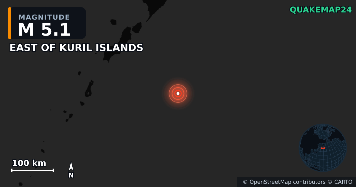 M5.1 earthquake near EAST OF KURIL ISLANDS on Nov 16, 2025 — map of epicenter and shaking intensity | QuakeMap24