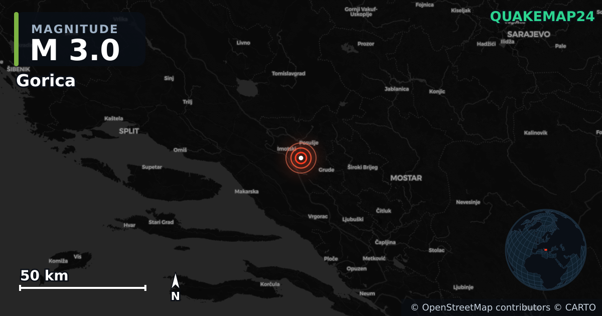 M3.0 earthquake near Gorica on Feb 13, 2026 — map of epicenter and shaking intensity | QuakeMap24
