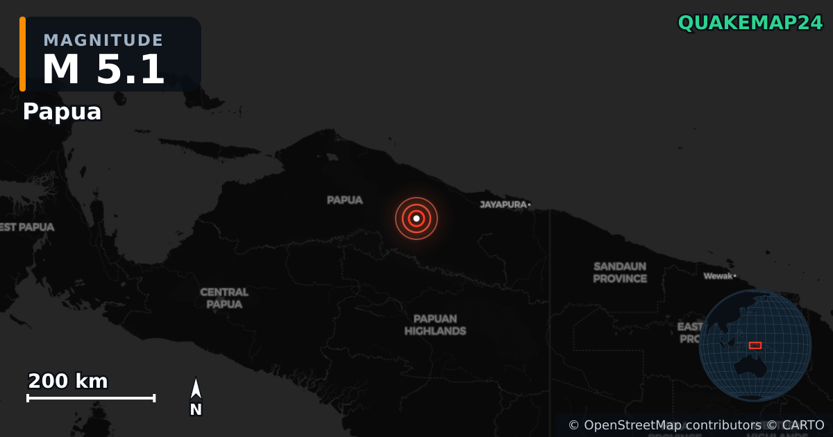 M5.1 earthquake near Papua on Oct 12, 2025 — map of epicenter and shaking intensity | QuakeMap24