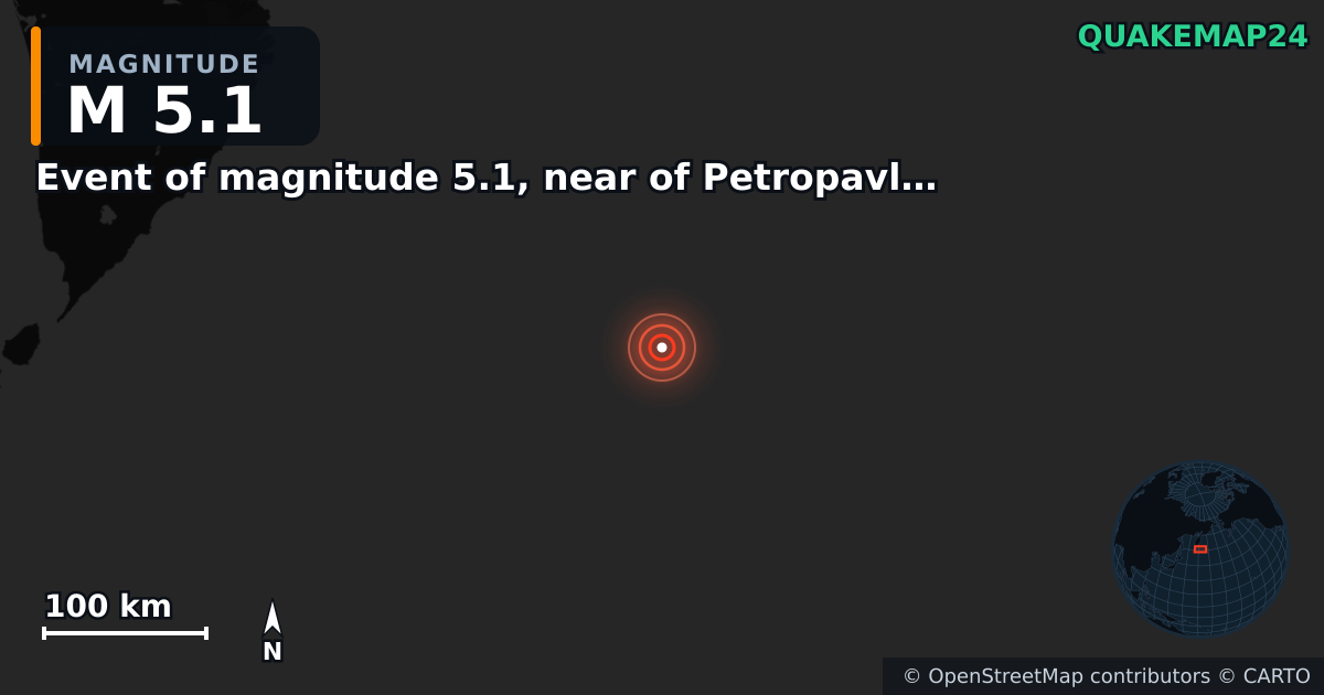 Erdbeben M5,1 bei Event of magnitude 5.1, near of Petropavlovsk Kamchatskiy (Monde) — Karte der Lage des Epizentrums