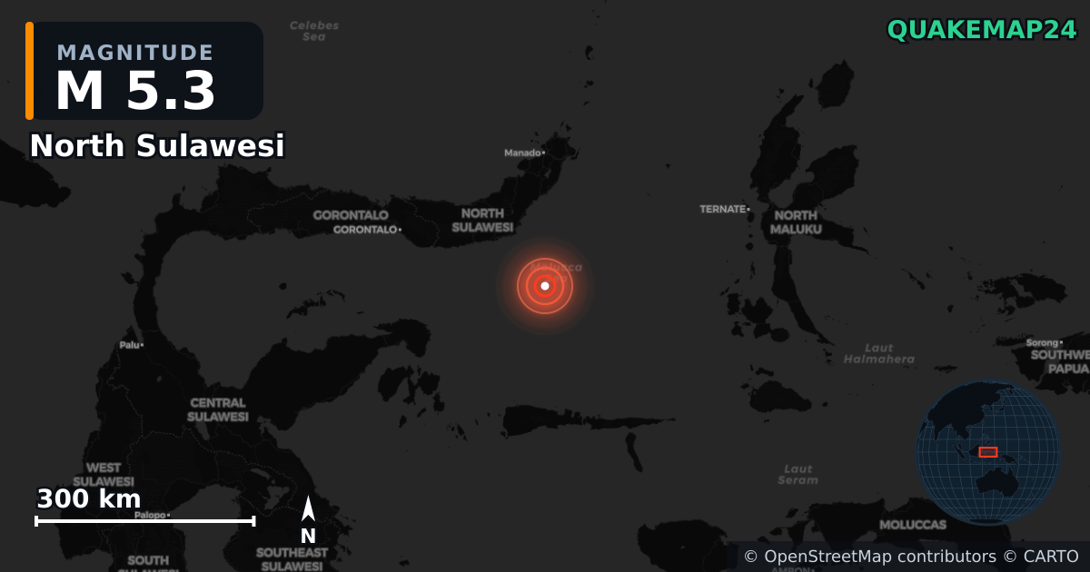 M5.3 earthquake near North Sulawesi on Jun 6, 2026 — map of epicenter and shaking intensity | QuakeMap24