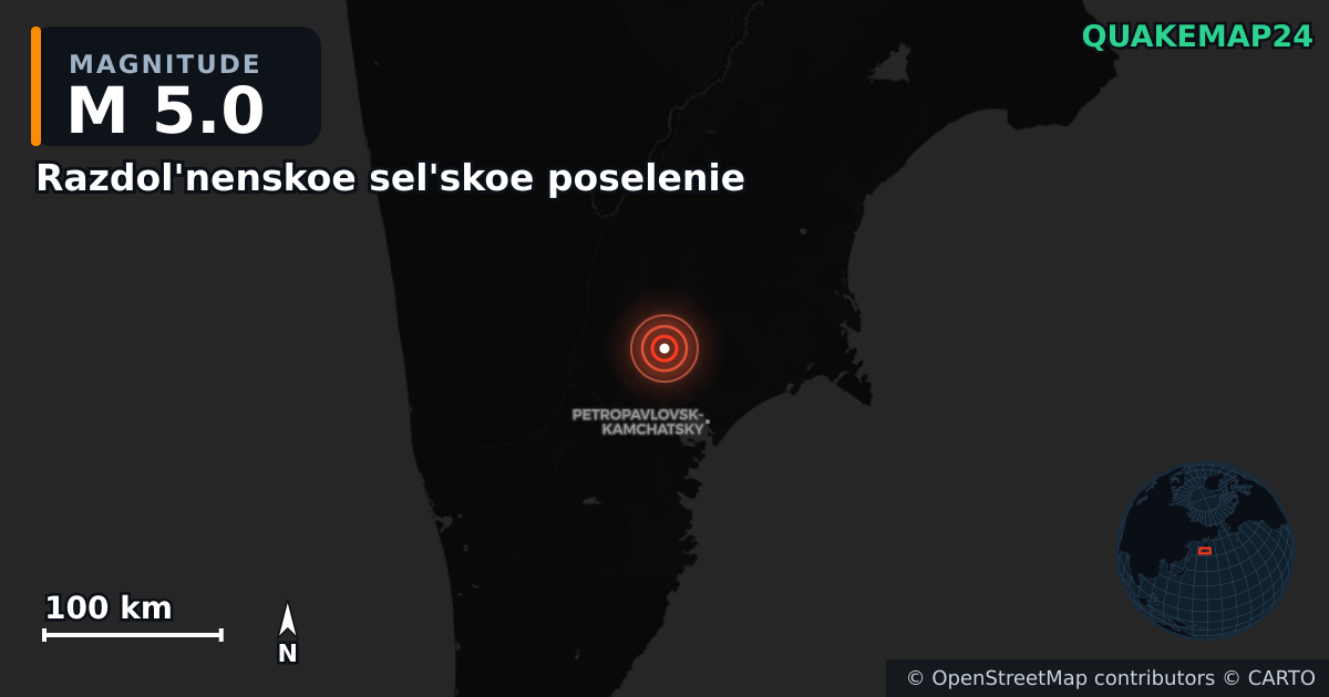 M5.0 earthquake near Razdol'nenskoe sel'skoe poselenie on Dec 4, 2025 — map of epicenter and shaking intensity | QuakeMap24