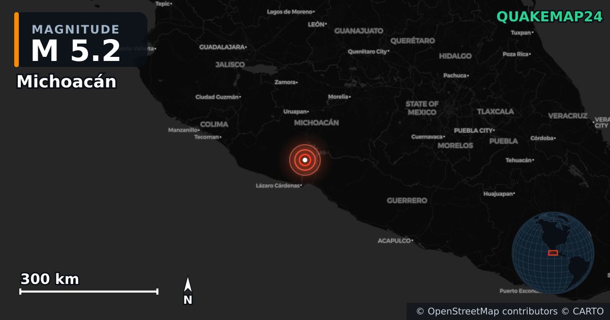 M5.2 earthquake near Michoacán on Jul 27, 2025 — map of epicenter and shaking intensity | QuakeMap24