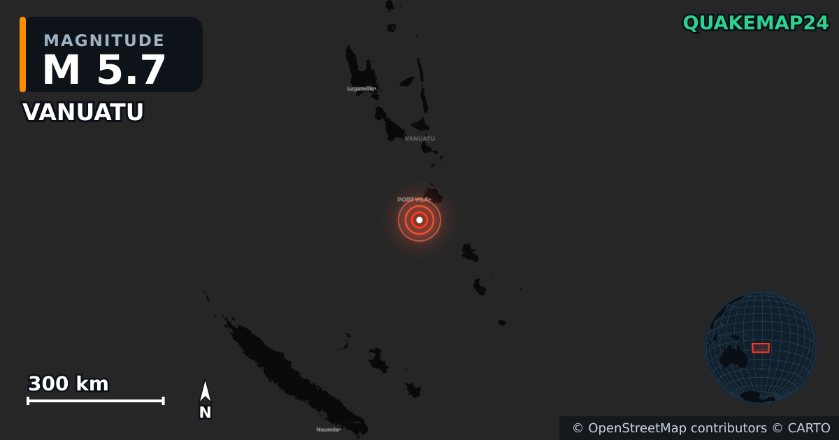 M5.7 earthquake near VANUATU on May 19, 2026 — map of epicenter and shaking intensity | QuakeMap24