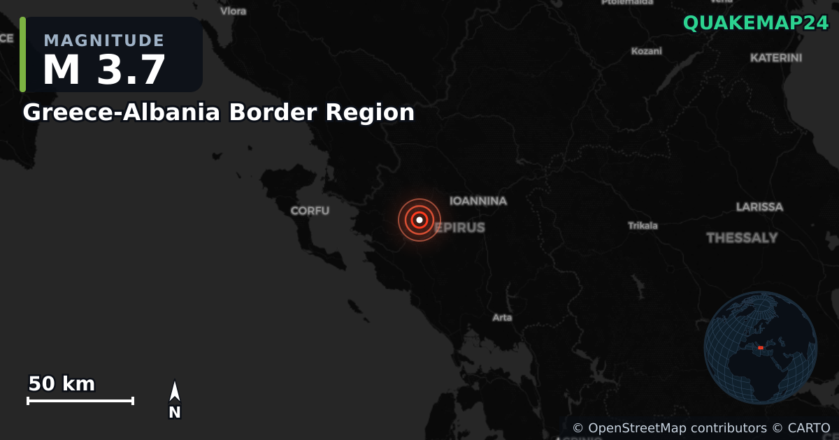 M3.7 earthquake near Greece-Albania Border Region on Mar 20, 2026 — map of epicenter and shaking intensity | QuakeMap24