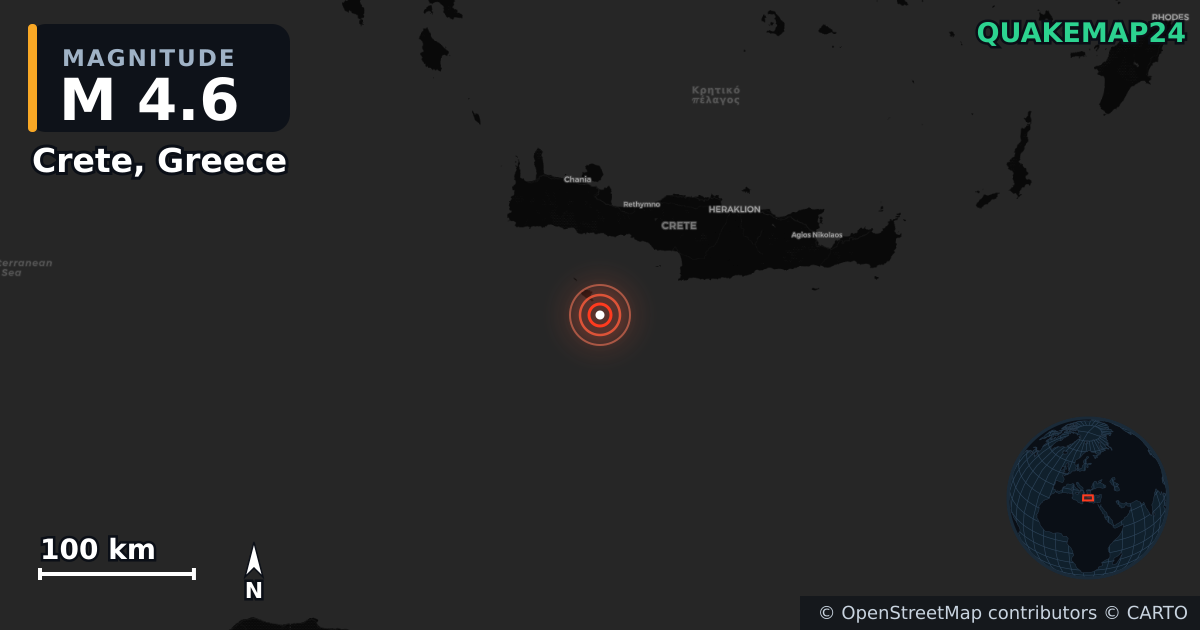 M4.6 earthquake near Crete, Greece on Jun 20, 2026 — map of epicenter and shaking intensity | QuakeMap24