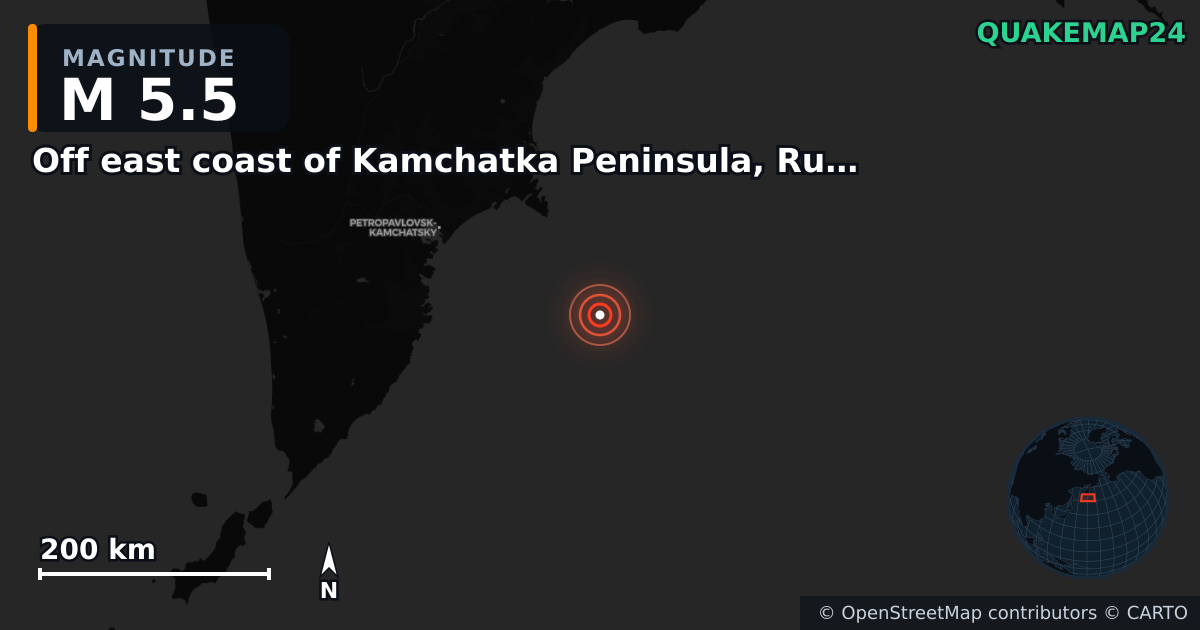 M5.5 earthquake near Off east coast of Kamchatka Peninsula, Russia [Sea: Russia] on Jun 9, 2026 — map of epicenter and shaking intensity | QuakeMap24