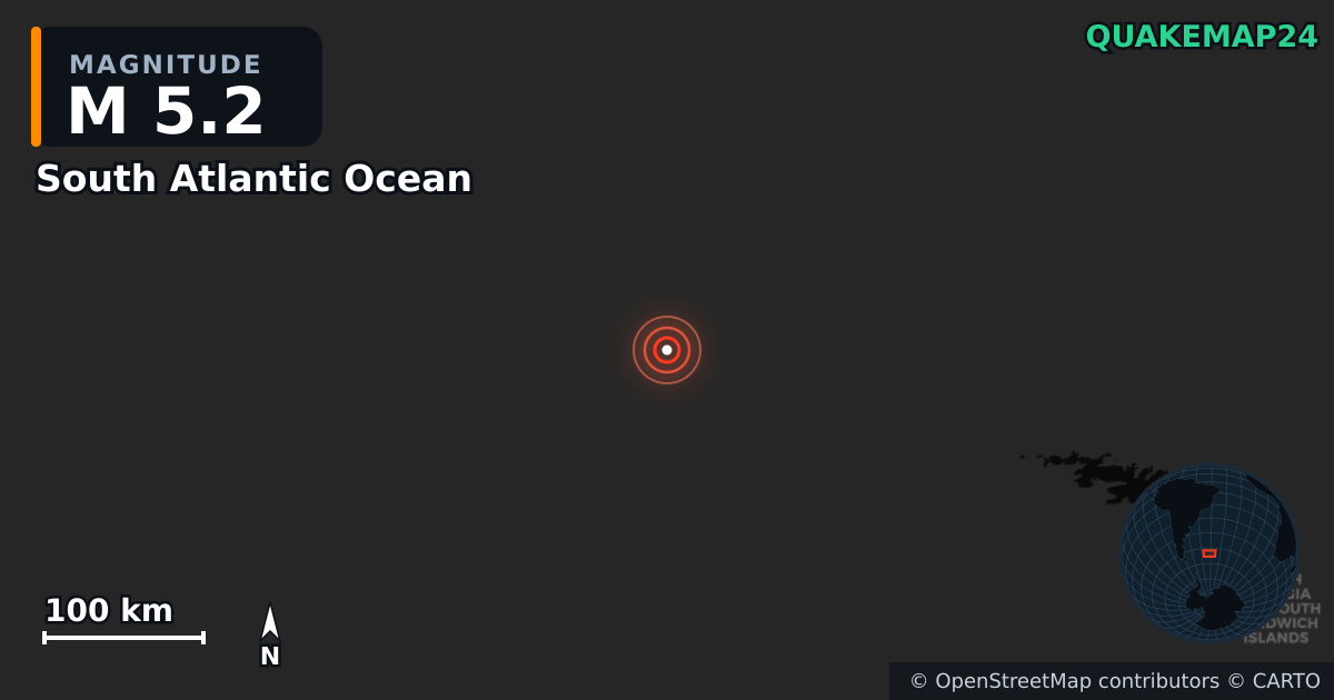 South Atlantic Ocean yakınında M5,2 deprem — Deprem merkez üssünün konumunu gösteren harita