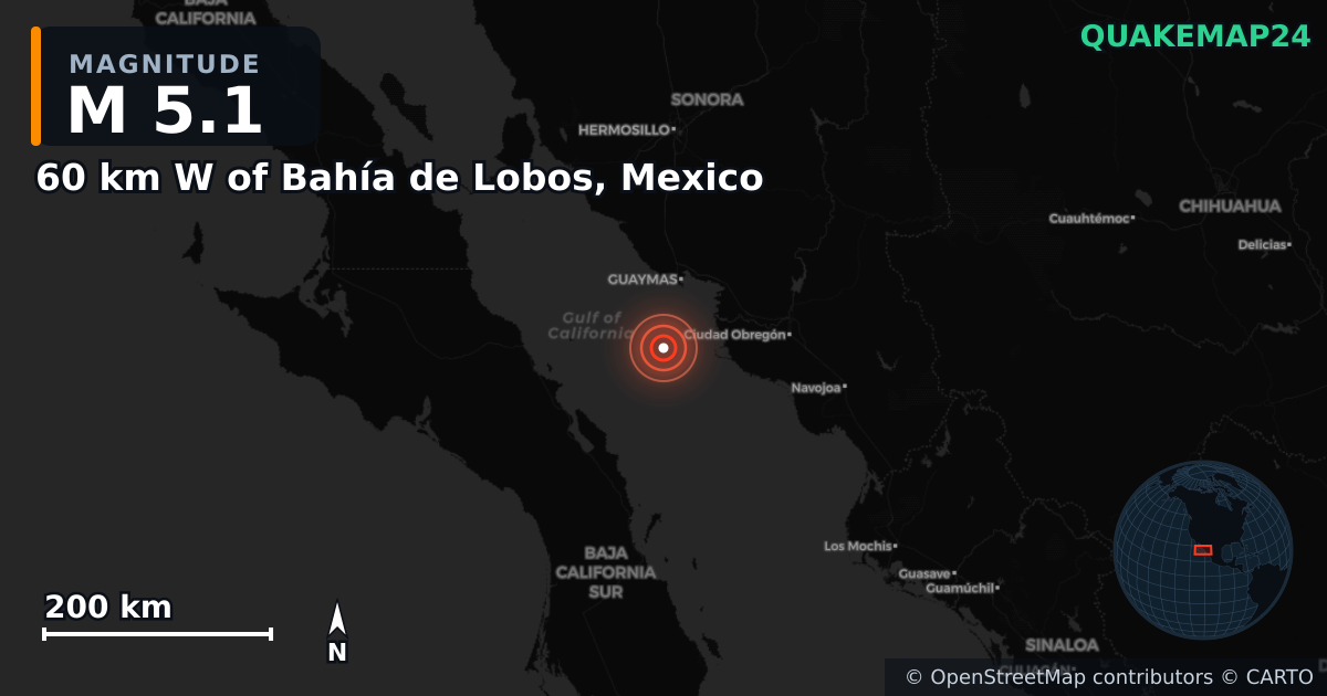 M5.1 earthquake near 60 km W of Bahía de Lobos, Mexico on Aug 2, 2026 — map of epicenter and shaking intensity | QuakeMap24