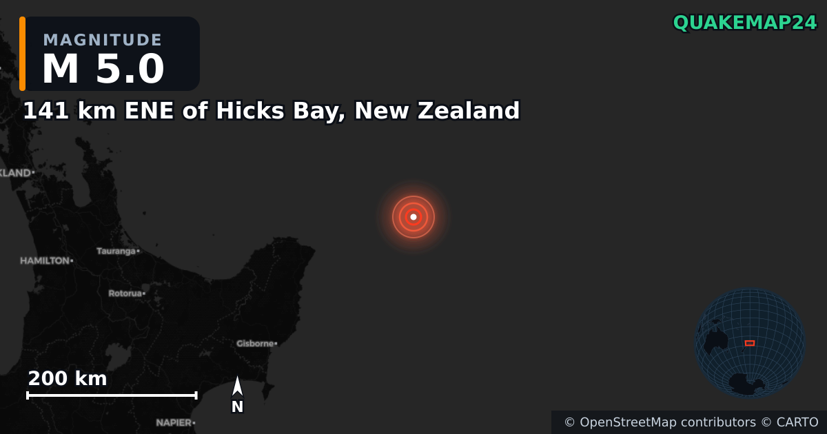 M5.0 earthquake near 141 km ENE of Hicks Bay, New Zealand on Jul 16, 2026 — map of epicenter and shaking intensity | QuakeMap24