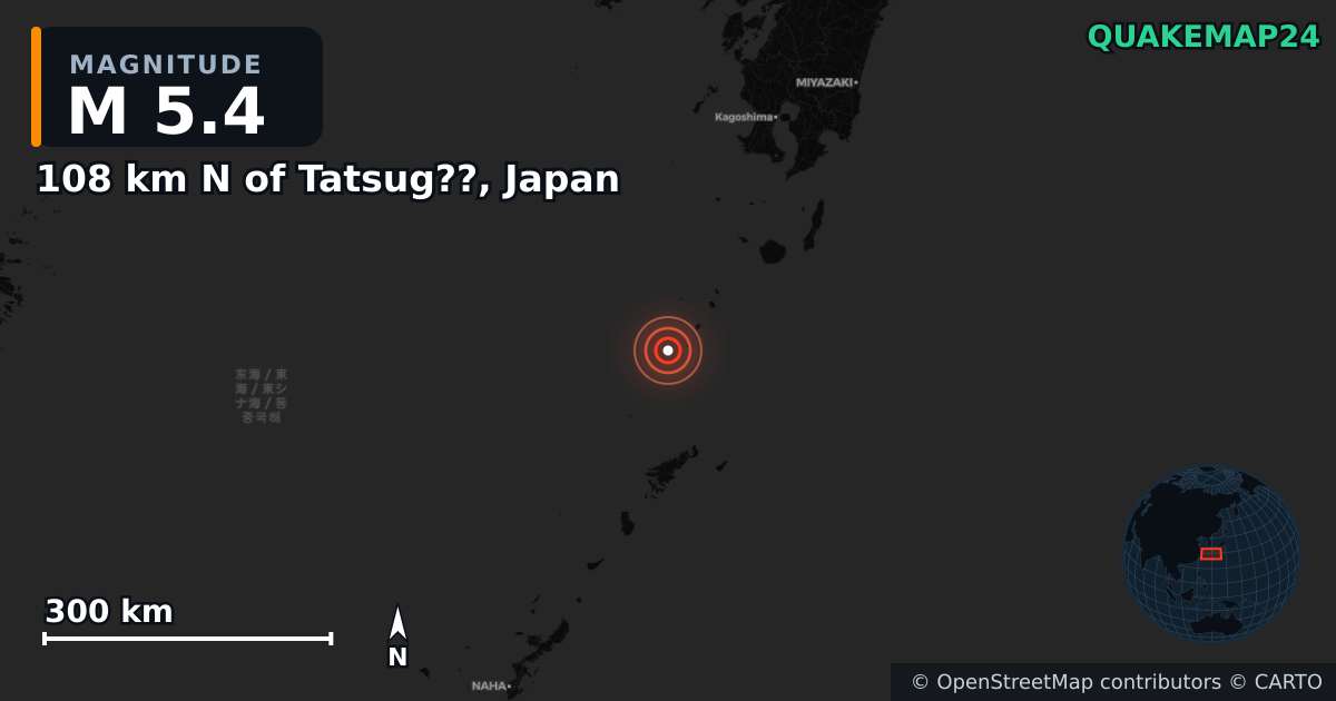 M5.4 earthquake near 108 km N of Tatsug??, Japan on Jul 3, 2025 — map of epicenter and shaking intensity | QuakeMap24