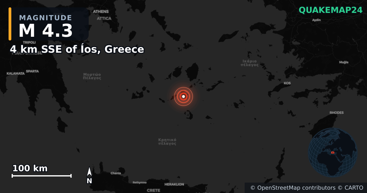 M4.3 earthquake near 4 km SSE of Íos, Greece on Feb 10, 2025 — map of epicenter and shaking intensity | QuakeMap24