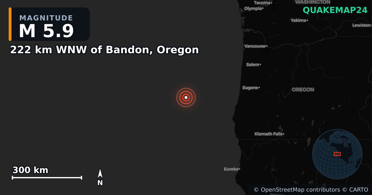M5.9 earthquake near 222 km WNW of Bandon, Oregon on Sep 26, 2025 — map of epicenter and shaking intensity | QuakeMap24