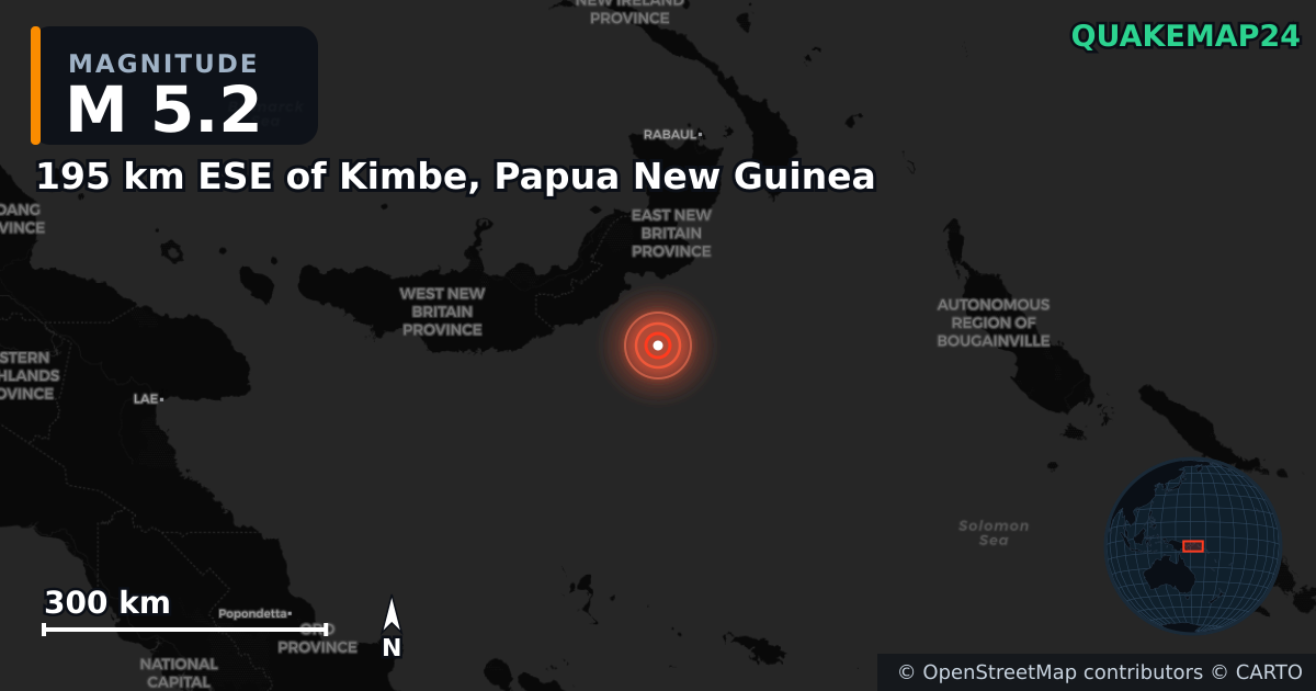 M5.2 earthquake near 195 km ESE of Kimbe, Papua New Guinea on Apr 6, 2025 — map of epicenter and shaking intensity | QuakeMap24