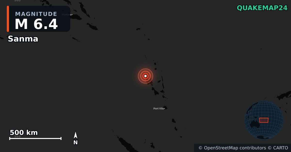 M6.4 earthquake near Sanma on Feb 14, 2026 — map of epicenter and shaking intensity | QuakeMap24