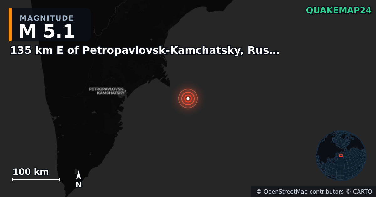 M5.1 earthquake near 135 km E of Petropavlovsk-Kamchatsky, Russia on Sep 19, 2025 — map of epicenter and shaking intensity | QuakeMap24