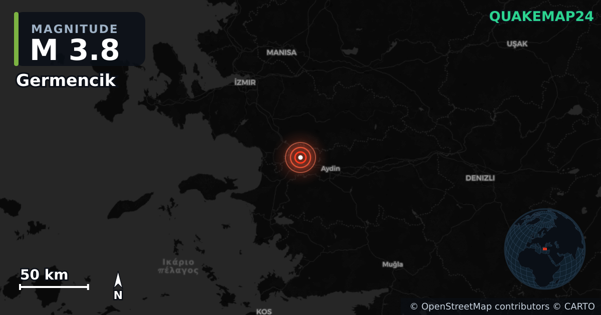 Sismo de M3,8 perto de Germencik, Aydın (Turquia) · 2026-06-23 — Mapa da localização do epicentro