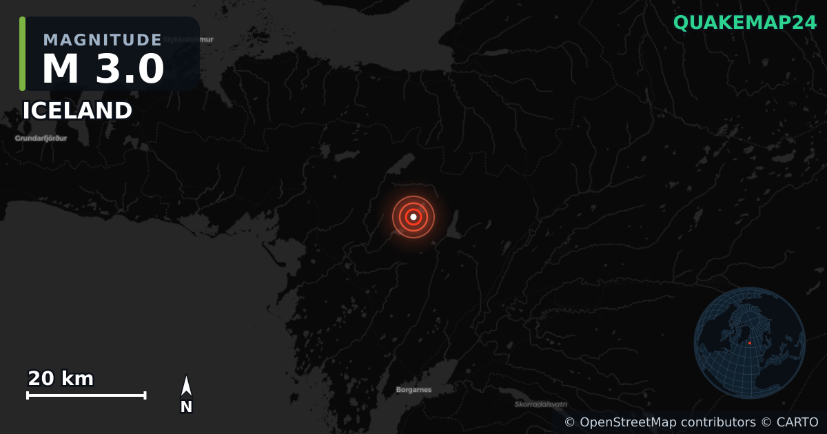 M3.0 earthquake near ICELAND on Jun 27, 2025 — map of epicenter and shaking intensity | QuakeMap24