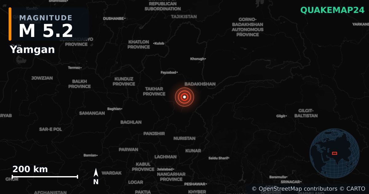 M5.2 earthquake near Yamgan on Jun 22, 2026 — map of epicenter and shaking intensity | QuakeMap24