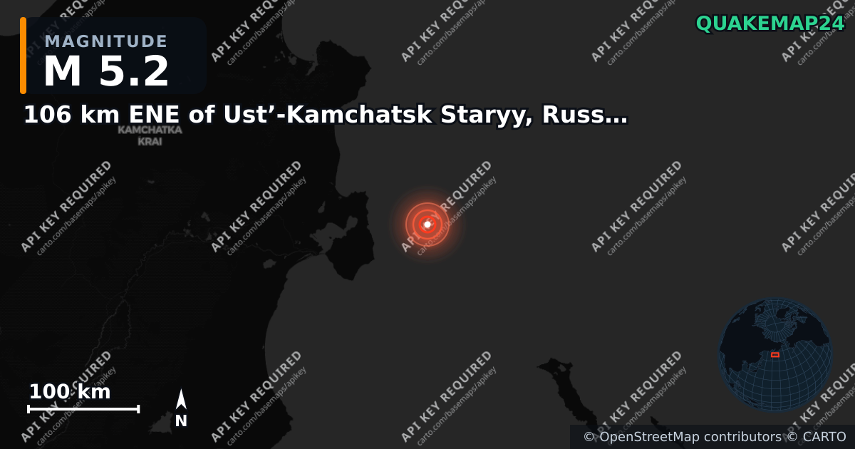 M5.2 earthquake near 106 km ENE of Ust’-Kamchatsk Staryy, Russia on Jul 12, 2025 — map of epicenter and shaking intensity | QuakeMap24