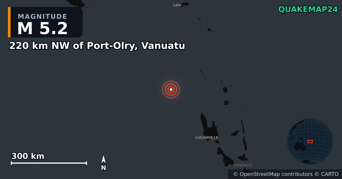 Σεισμός M5,2 κοντά στο 220 km NW of Port-Olry, Vanuatu · 2026-10-28 — Χάρτης της θέσης του επικέντρου