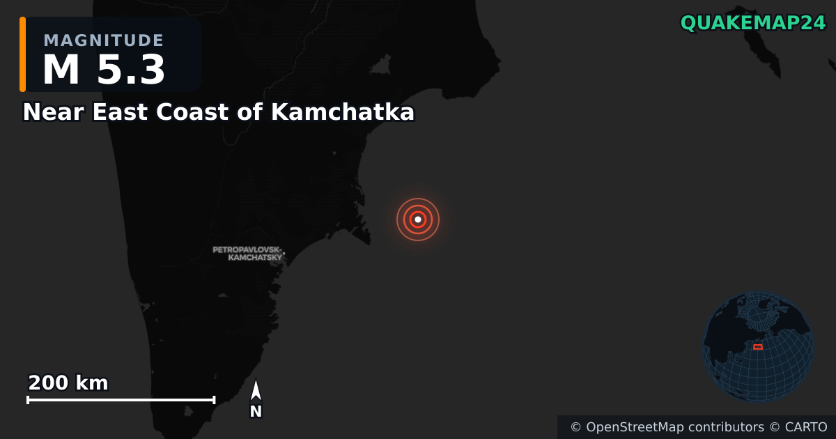 M5.3 earthquake near Near East Coast of Kamchatka on Sep 18, 2025 — map of epicenter and shaking intensity | QuakeMap24