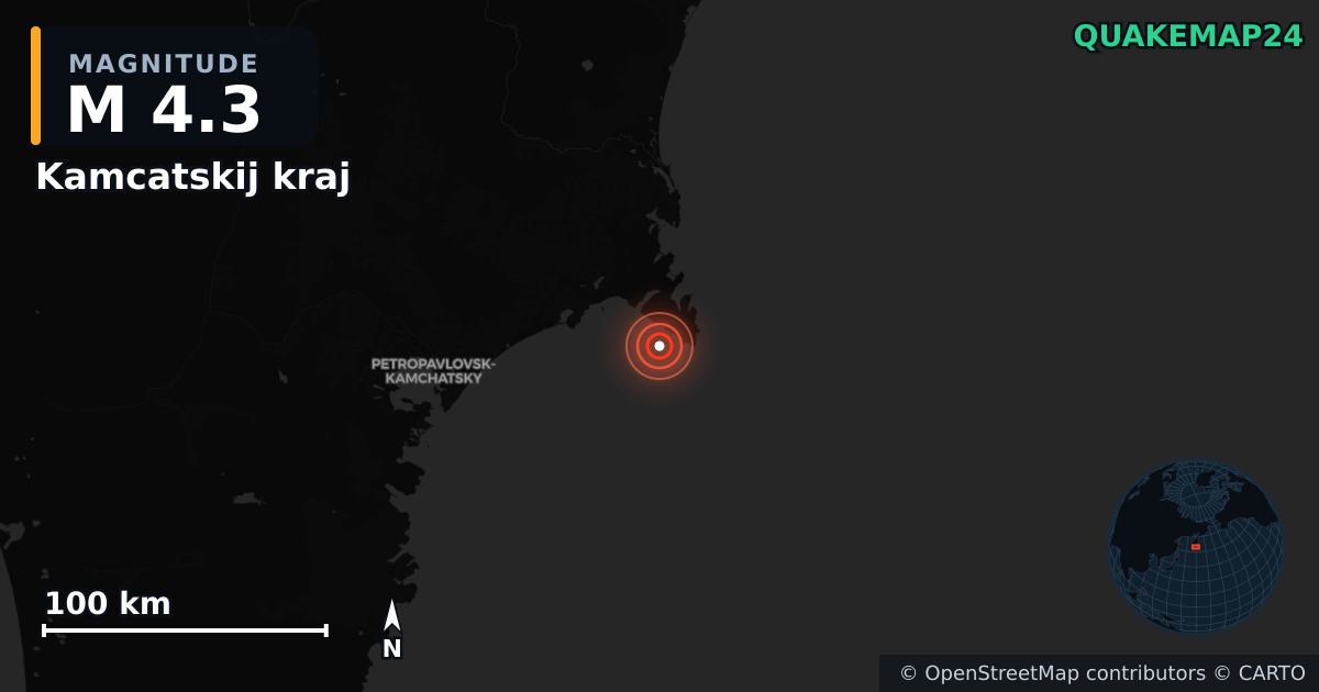 M4.3 earthquake near Kamcatskij kraj on Nov 3, 2025 — map of epicenter and shaking intensity | QuakeMap24