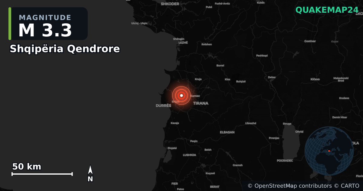 M3.3 earthquake near Shqipëria Qendrore on Jun 24, 2025 — map of epicenter and shaking intensity | QuakeMap24