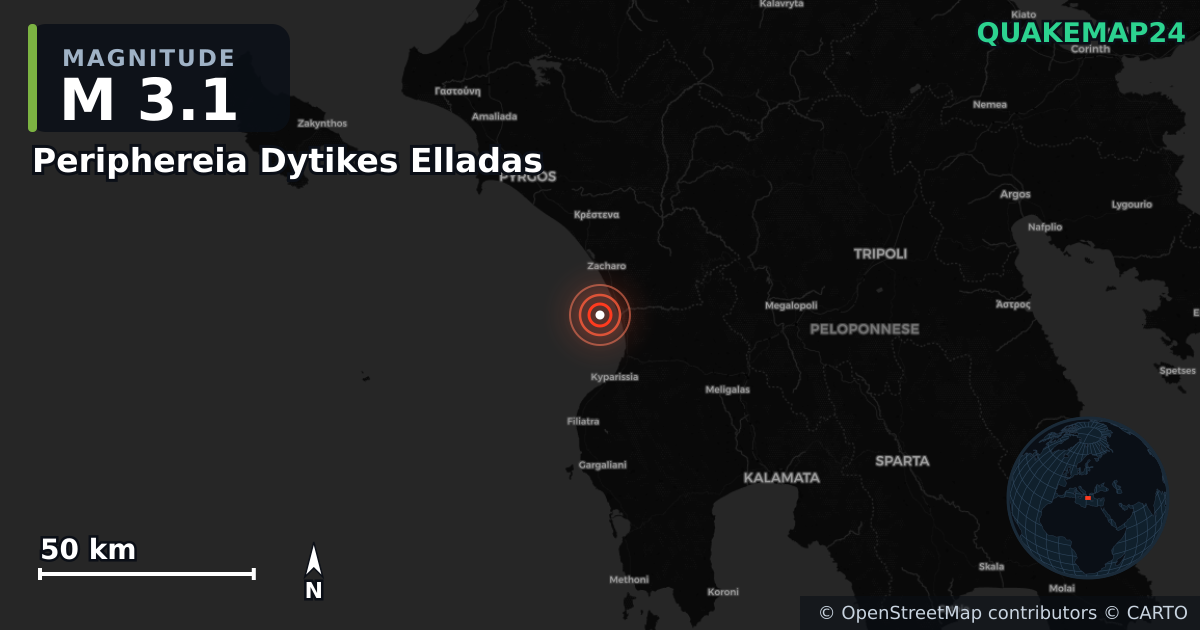 M3.1 earthquake near Periphereia Dytikes Elladas on Dec 9, 2025 — map of epicenter and shaking intensity | QuakeMap24