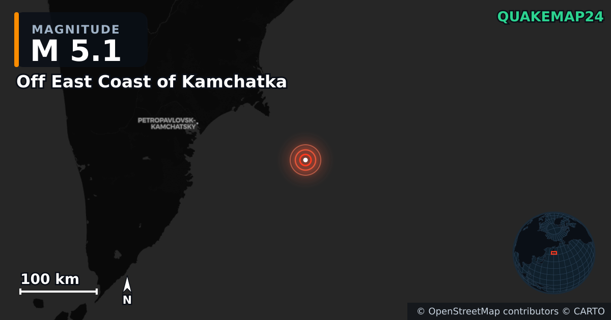 M5.1 earthquake near Off East Coast of Kamchatka on Jul 30, 2025 — map of epicenter and shaking intensity | QuakeMap24