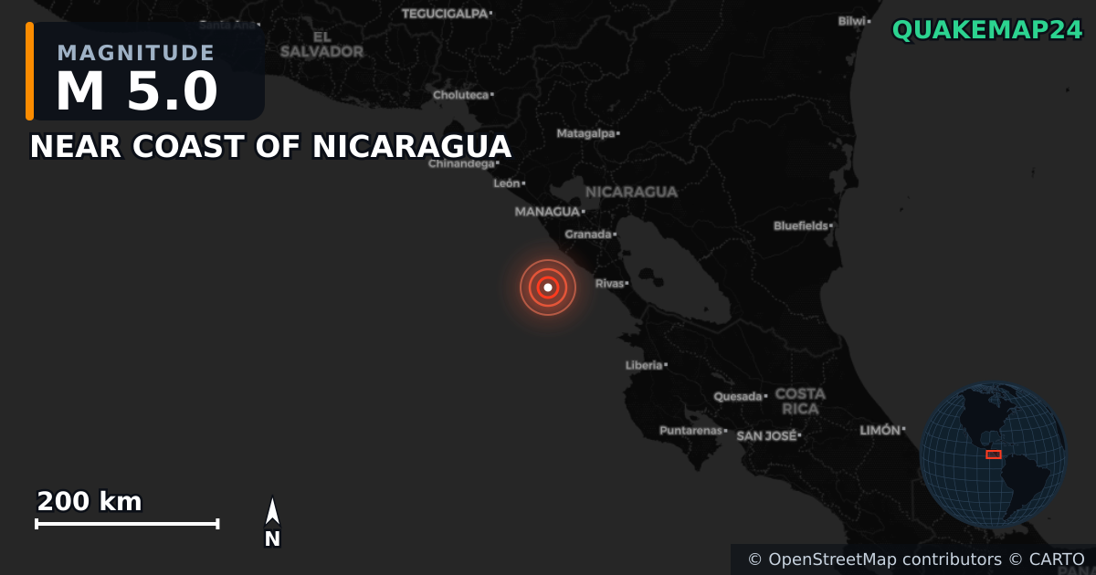 M5.0 earthquake near NEAR COAST OF NICARAGUA on Jul 28, 2025 — map of epicenter and shaking intensity | QuakeMap24