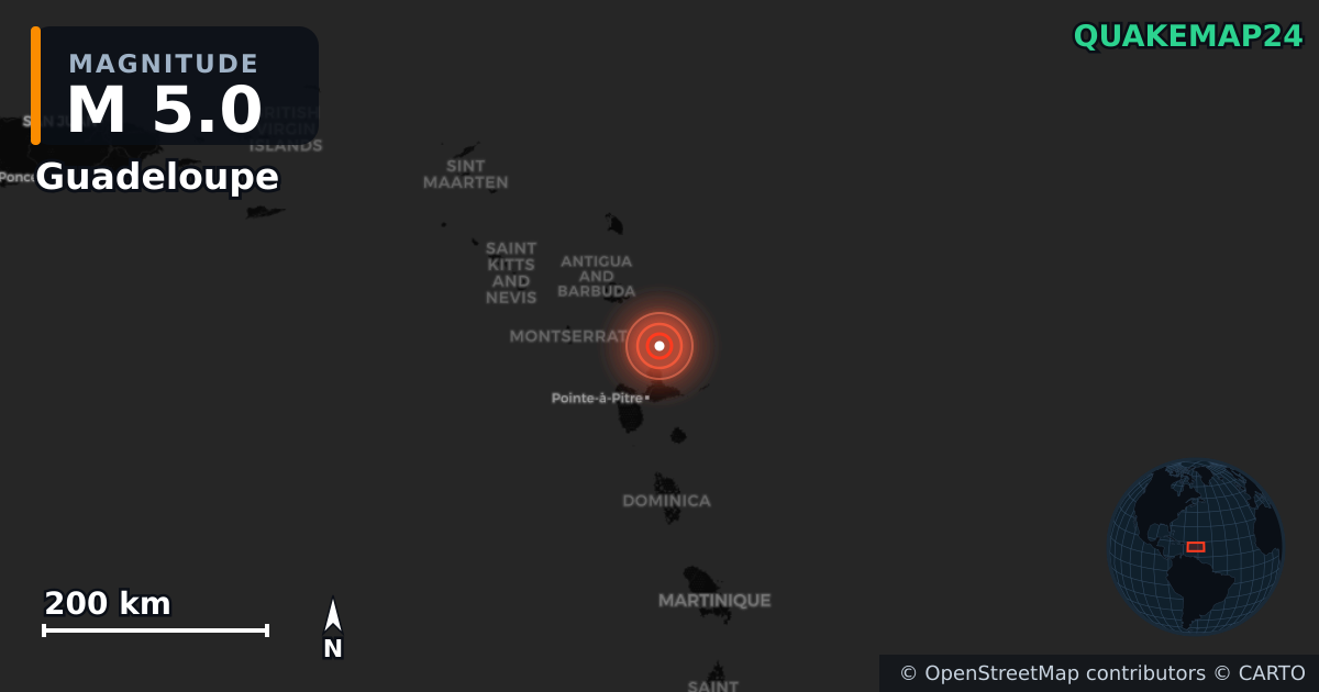 M5.0 earthquake near Guadeloupe on Sep 15, 2025 — map of epicenter and shaking intensity | QuakeMap24