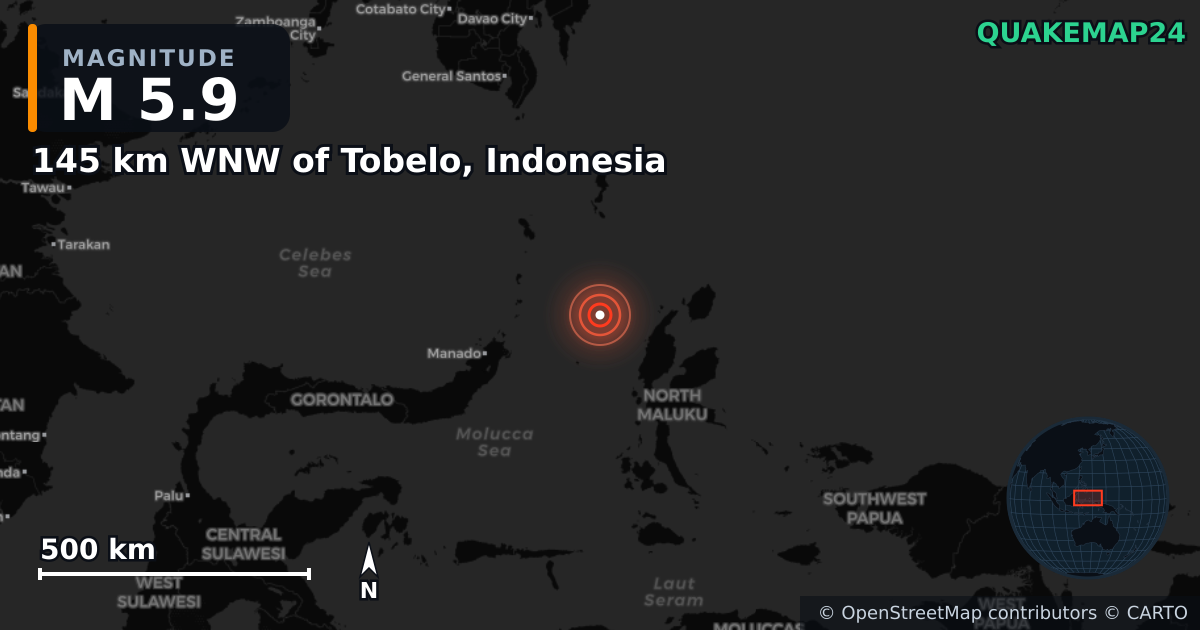M5.9 earthquake near 145 km WNW of Tobelo, Indonesia on Apr 2, 2025 — map of epicenter and shaking intensity | QuakeMap24
