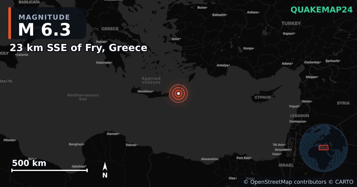 M6.3 earthquake near 23 km SSE of Fry, Greece on May 13, 2025 — map of epicenter and shaking intensity | QuakeMap24