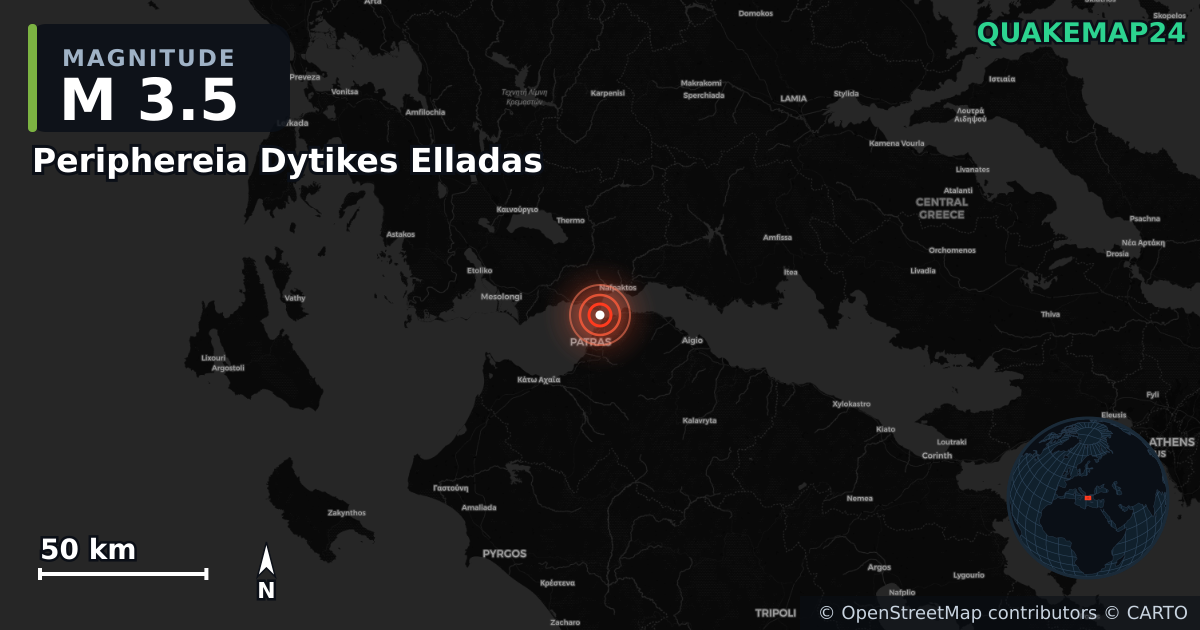 M3.5 earthquake near Periphereia Dytikes Elladas on Dec 11, 2025 — map of epicenter and shaking intensity | QuakeMap24