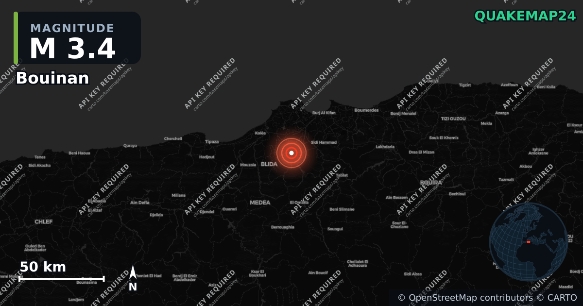 M3.4 earthquake near Bouinan on Aug 28, 2026 — map of epicenter and shaking intensity | QuakeMap24