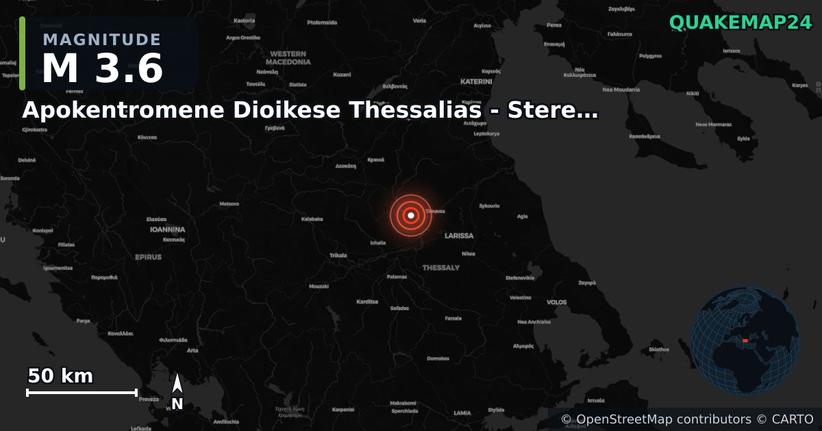 M3.6 earthquake near Apokentromene Dioikese Thessalias - Stereas Ellados on May 23, 2025 — map of epicenter and shaking intensity | QuakeMap24
