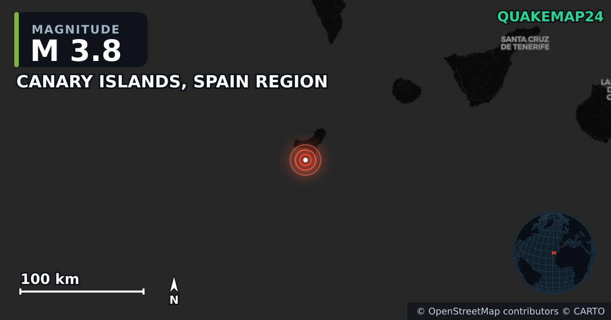 M3.8 earthquake near CANARY ISLANDS, SPAIN REGION on Dec 29, 2025 — map of epicenter and shaking intensity | QuakeMap24