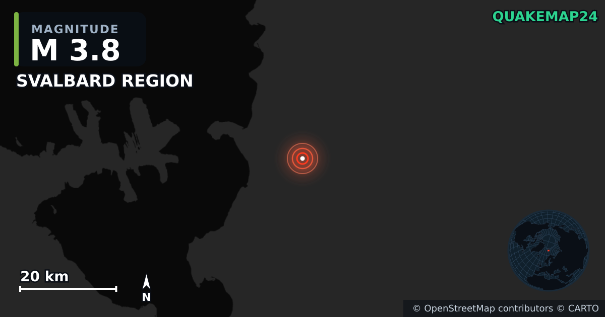 M3.8 earthquake near SVALBARD REGION on Jul 7, 2025 — map of epicenter and shaking intensity | QuakeMap24