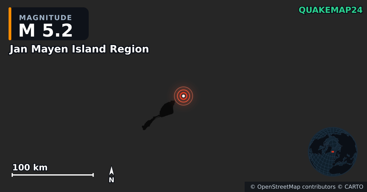 M5.2 earthquake near Jan Mayen Island Region on Oct 5, 2025 — map of epicenter and shaking intensity | QuakeMap24