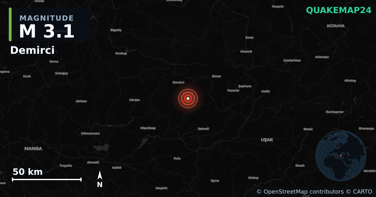 M3.1 earthquake near Demirci on Nov 22, 2025 — map of epicenter and shaking intensity | QuakeMap24
