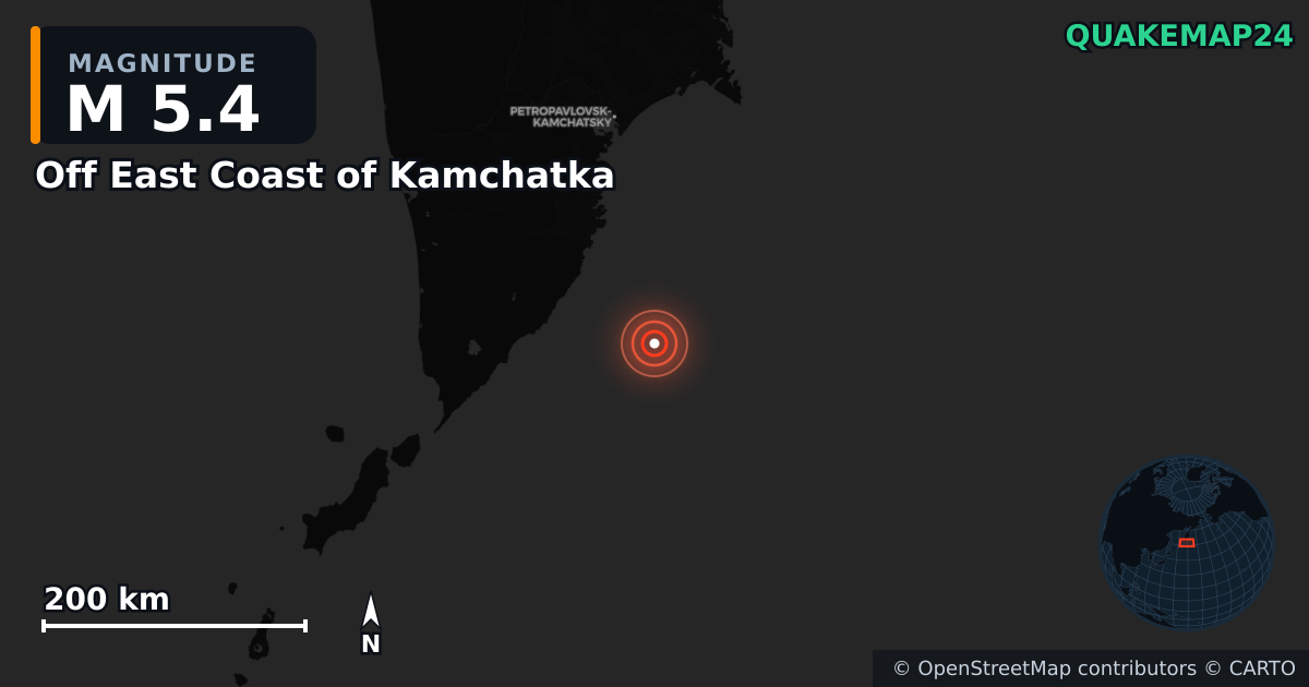 Off East Coast of Kamchatka yakınında M5,4 deprem — Deprem merkez üssünün konumunu gösteren harita