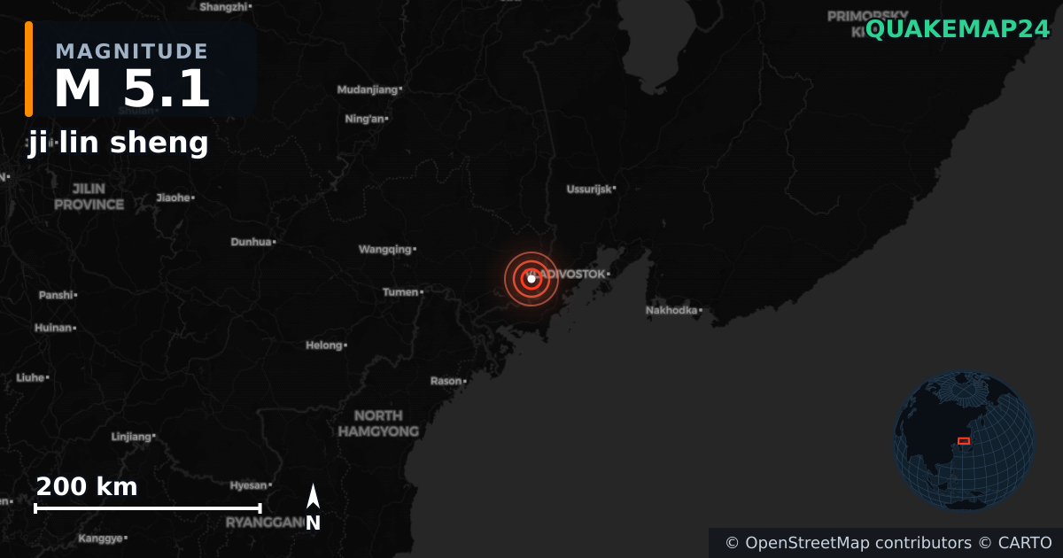 M5.1 earthquake near ji lin sheng on Oct 25, 2025 — map of epicenter and shaking intensity | QuakeMap24