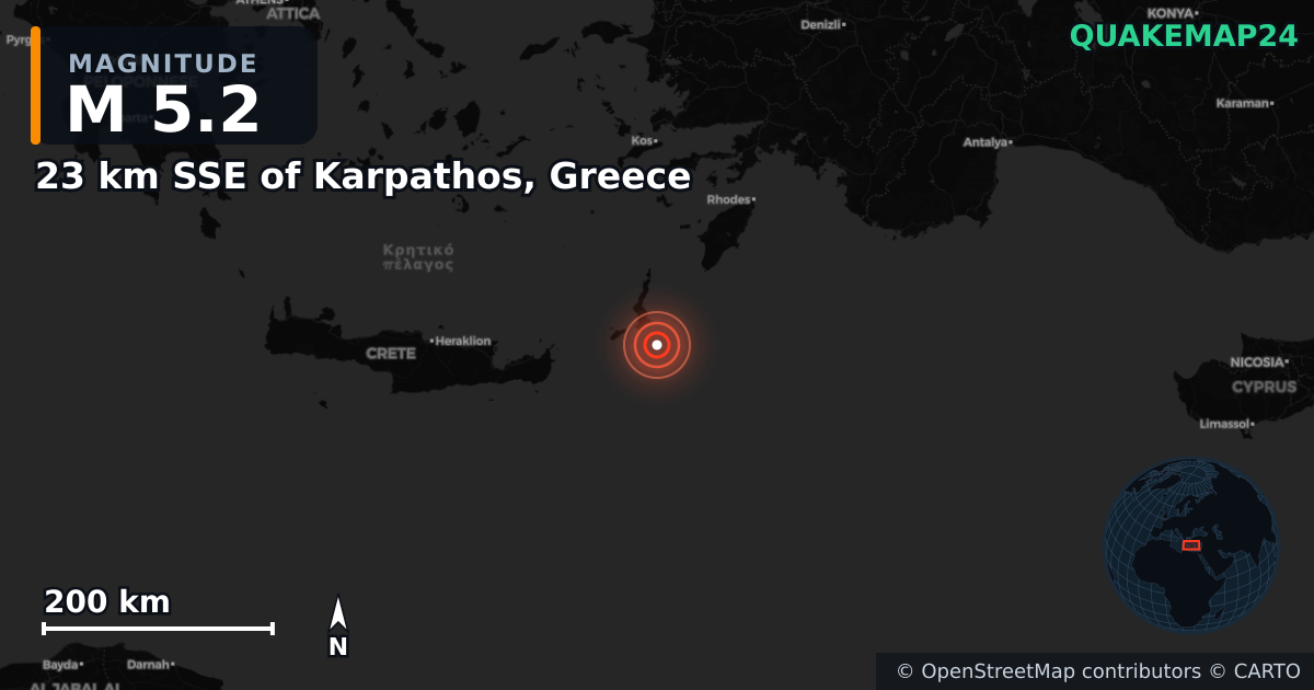 M5.2 earthquake near 23 km SSE of Karpathos, Greece on Jul 2, 2026 — map of epicenter and shaking intensity | QuakeMap24