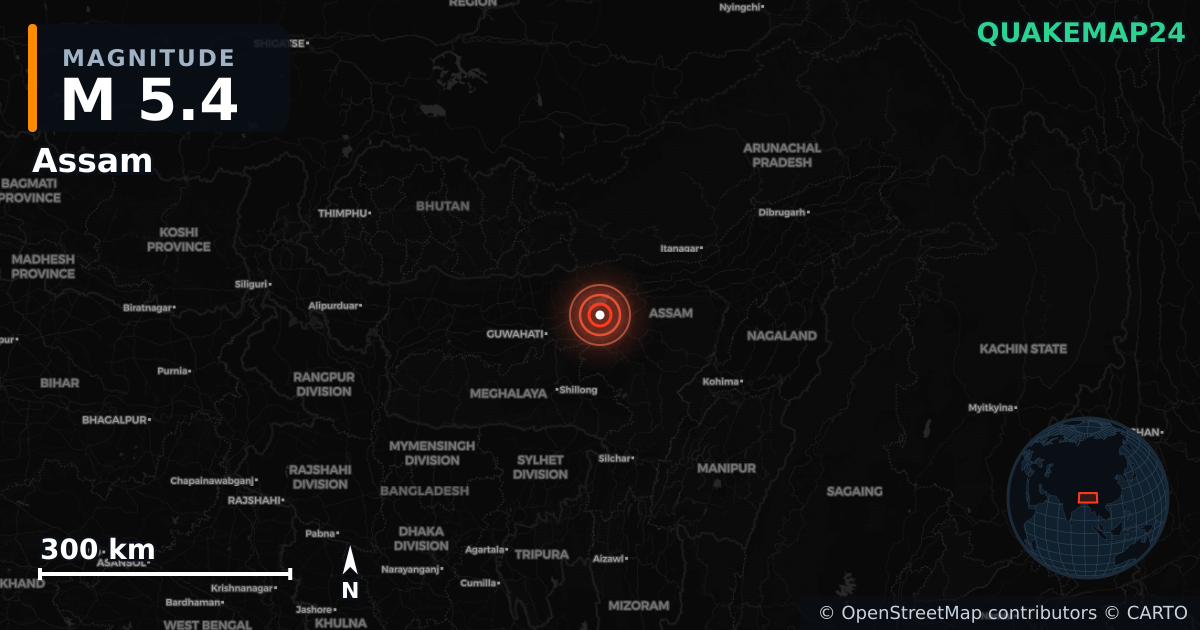 M5.4 earthquake near Assam on Jan 4, 2026 — map of epicenter and shaking intensity | QuakeMap24